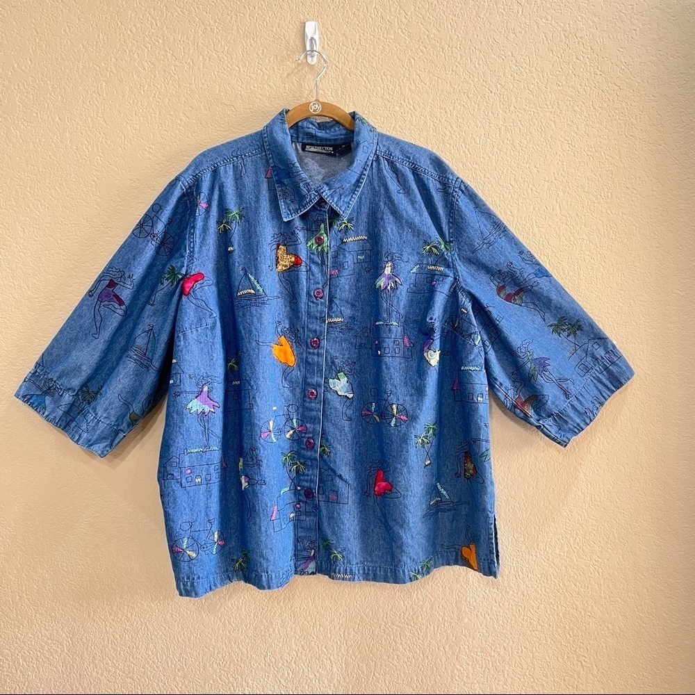 New Direction Womens 3XL Embroidered Buttons Girl Dancing Boat Denim Shirt Boho